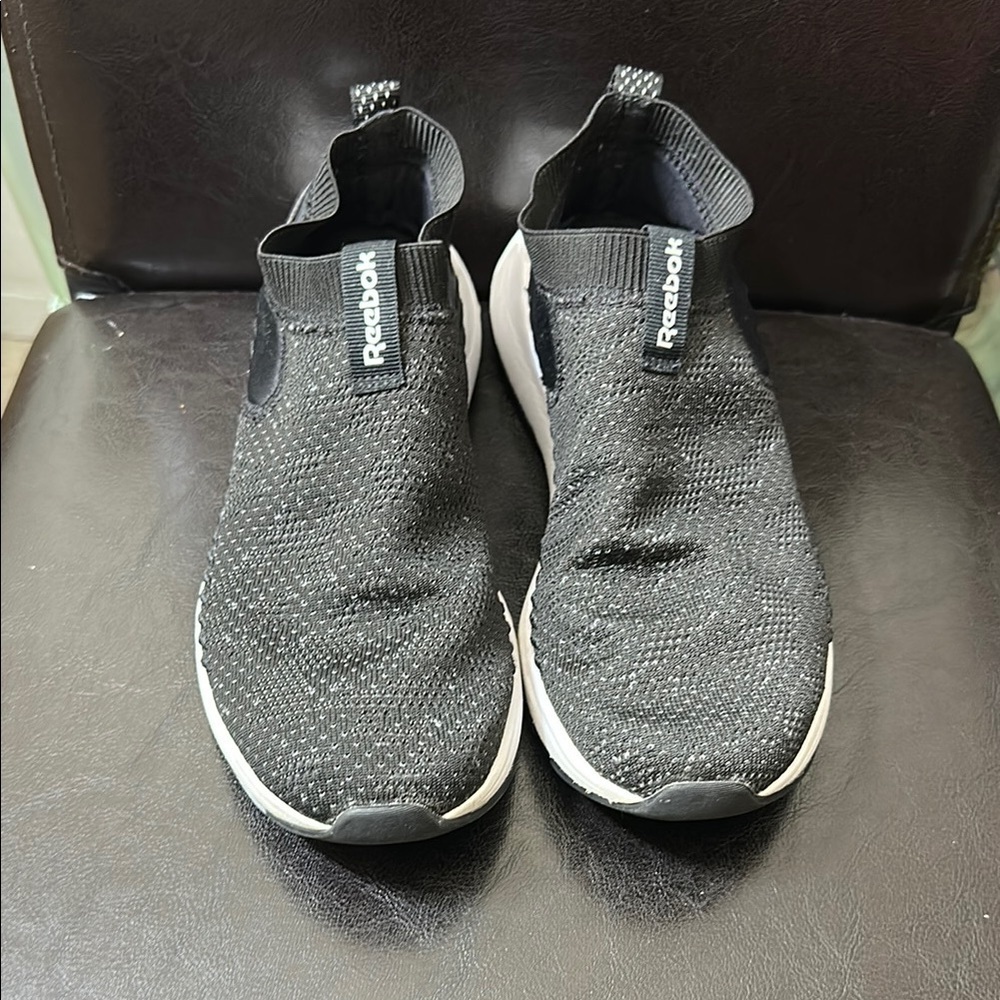 Reebok Black and White Slip-On Sneakers with Knit Upper